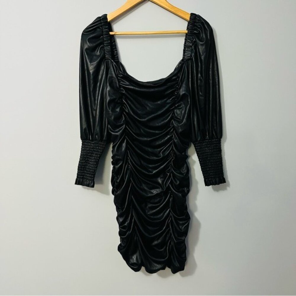 Topshop Faux Leather Ruched Mini Dress Black Puff Sleeve Y2K Baddie US 12 - Picture 4 of 12